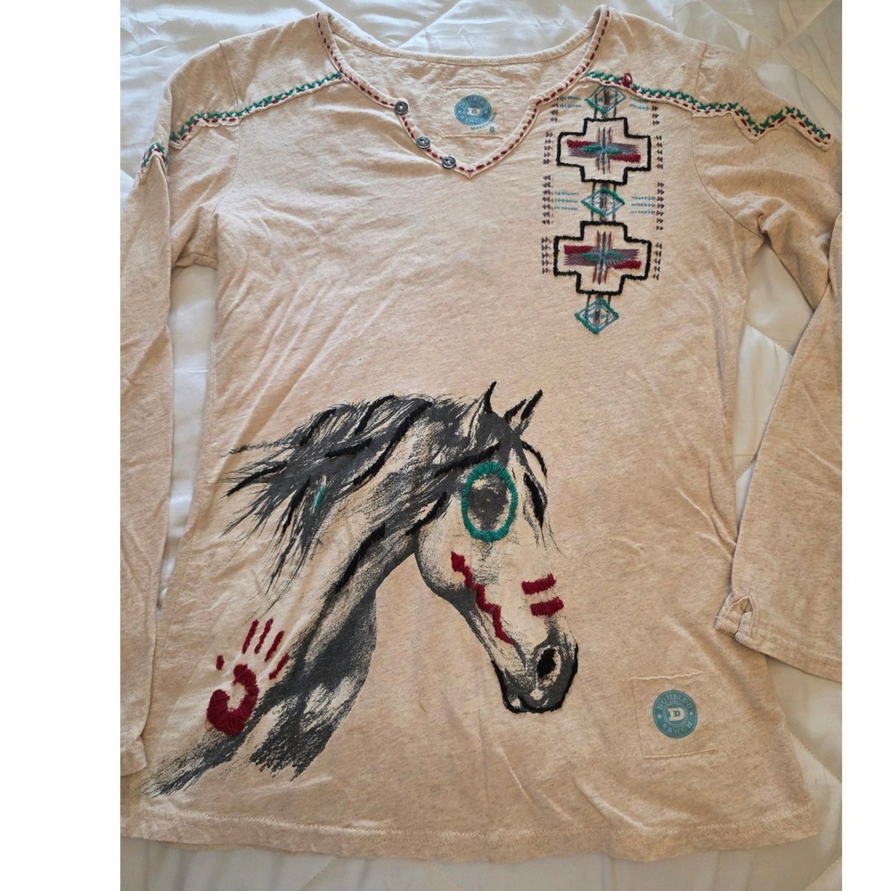Double D Ranchwear Horse Graphic Embroidered Long Sleeve Top Beige Small Cotton